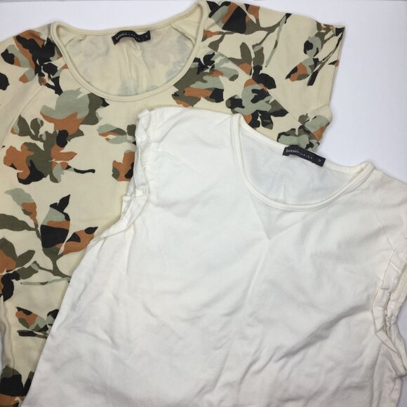 Set 2 Bossini Ladies T-Shirts Cap Sleeves White Camo Brown Green Spring Size 11 - Picture 1 of 13
